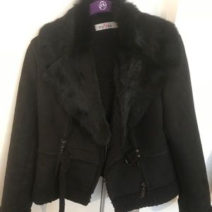 Black shearling style jacket with real fur collar